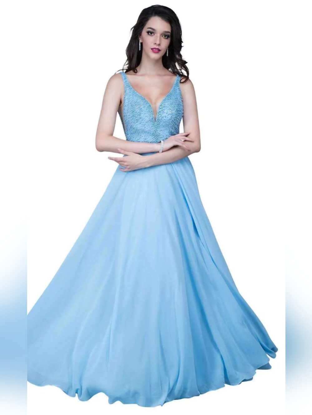 Nina Canacci 1336 Ice Blue V-Neck Pearl Beaded Evening Gown Size 4